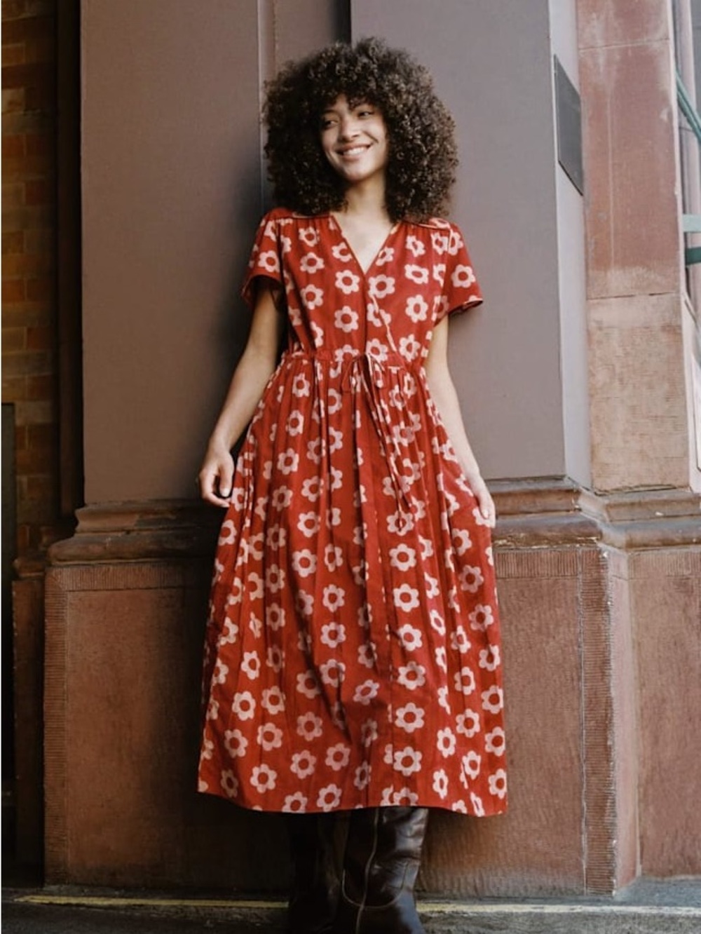 Christy Dawn Crimson Daisy Print Floral Wrap Dress - Picture 2 of 9